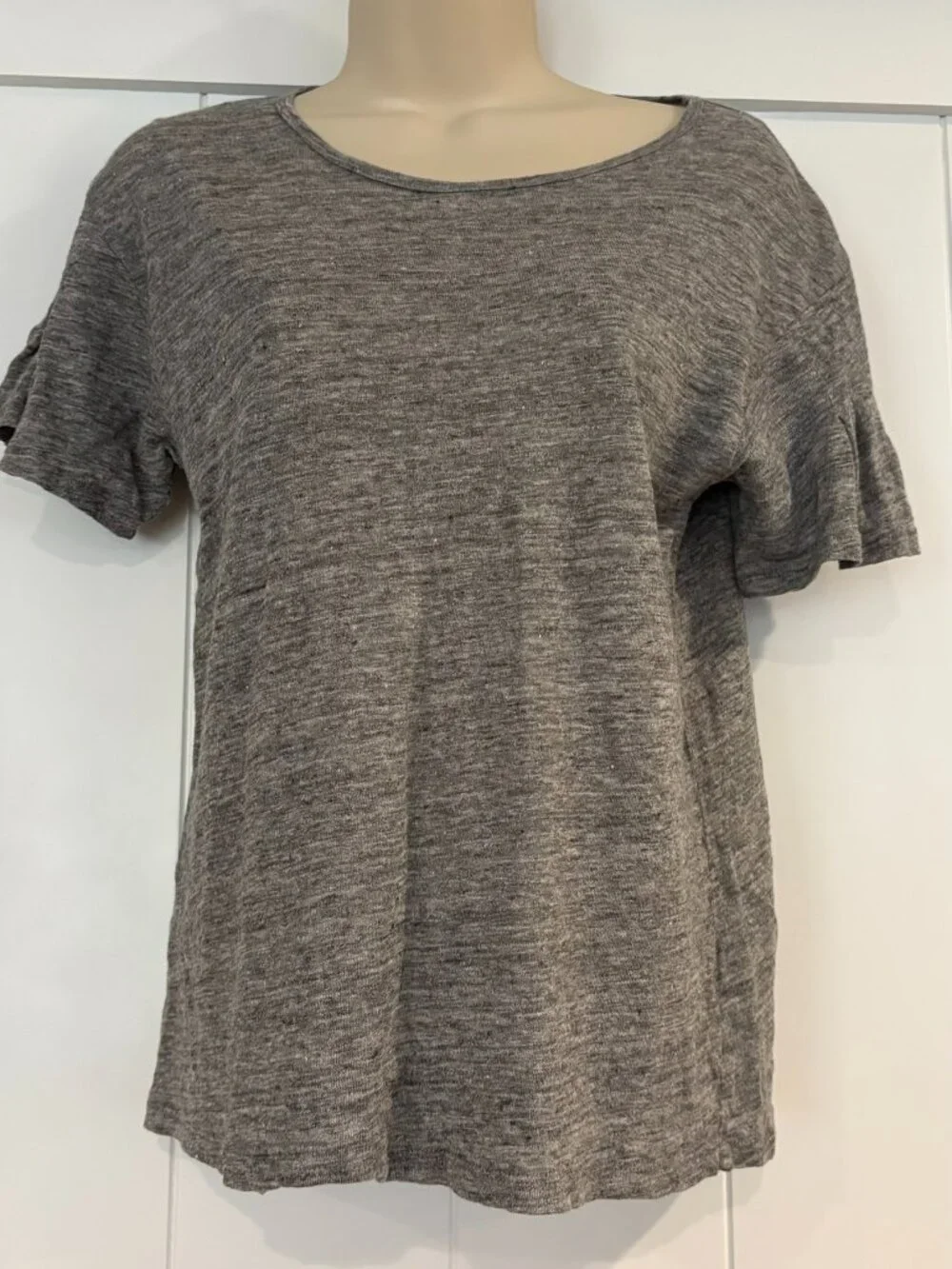 J Crew gray linen top with pleated short sleeves, size S